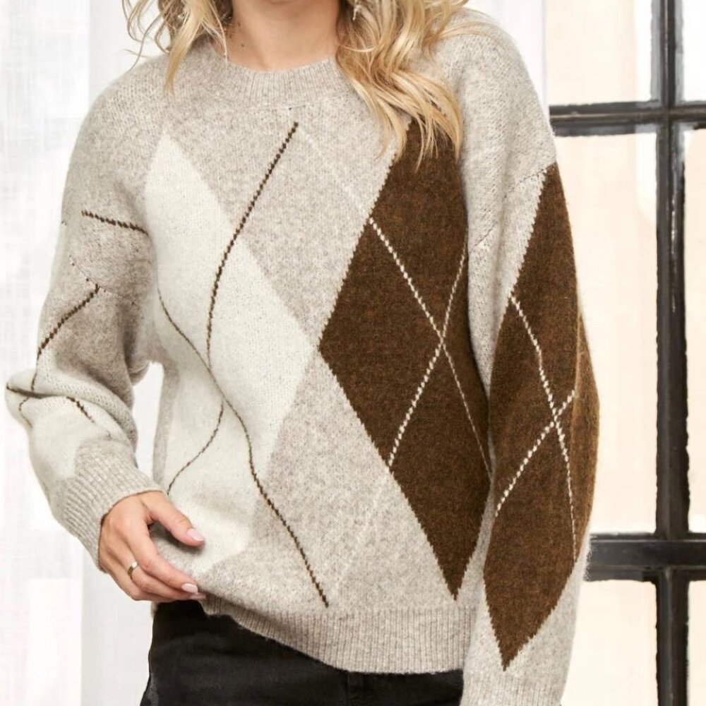 The London Argyle Knit Sweater – Oatmeal